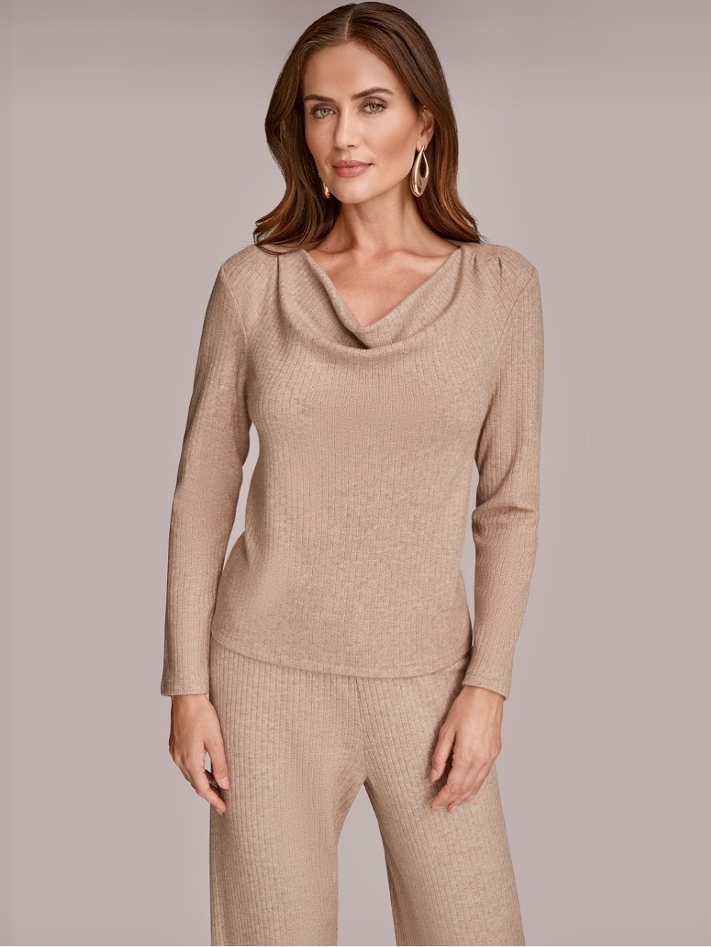 Donna Karan Taupe Cowl-Neck Rib Knit Sweater